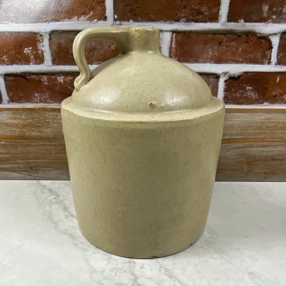 Beige Glossy Stoneware Jug Pitcher w/ Handle & Spout, 9 in, Farmhouse, Cottage